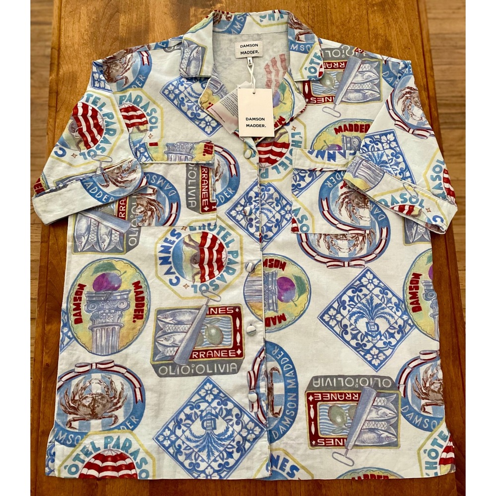 NWT Damson Madder Chlo Holiday Print Shirt US 10 Organic Cotton Linen Resort Top - Picture 4 of 15